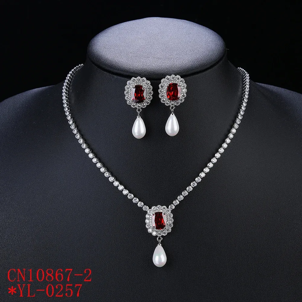 Fashion Crystal Cubic Zirconia Pearl Pendant Necklace Earrings Set Women Jewelry Bridal Wedding Accessories CN10867