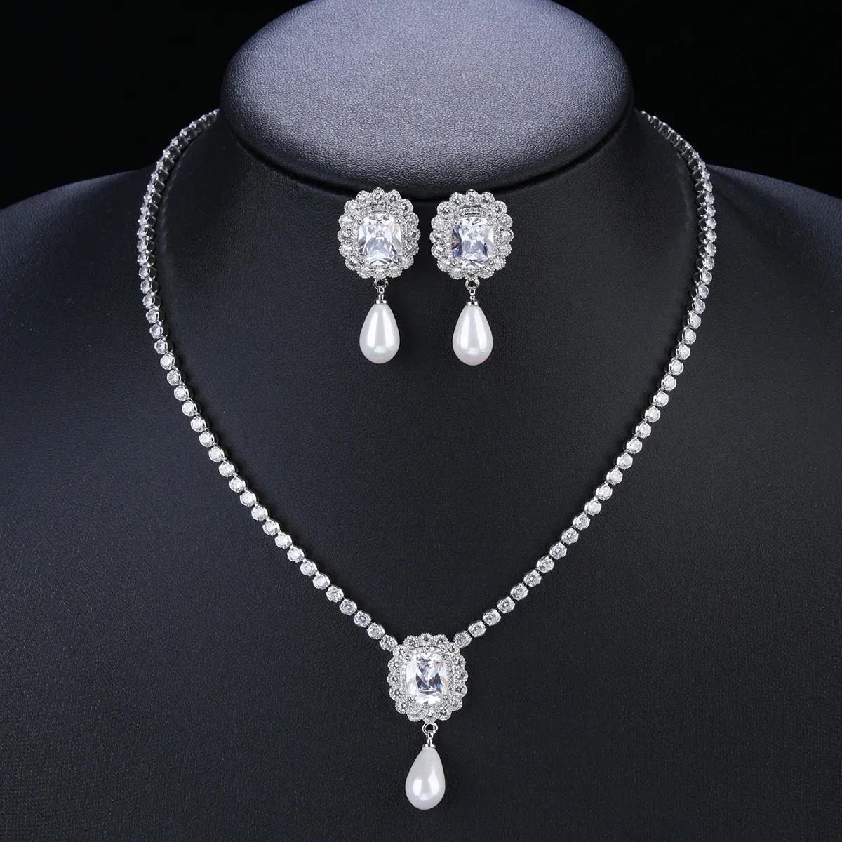 Fashion Crystal Cubic Zirconia Pearl Pendant Necklace Earrings Set Women Jewelry Bridal Wedding Accessories CN10867