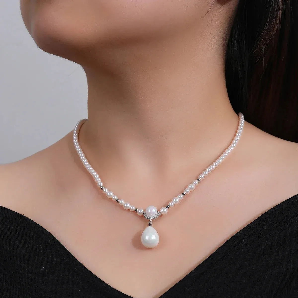 Fashion White Cubic Zirconia Pearl Necklace For Women Wedding Bridal Jewelry Set CN11298