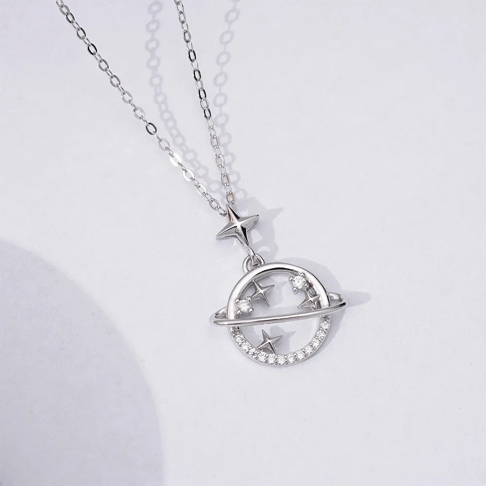 Galaxy Planet Zircon Pendant Silver Necklace