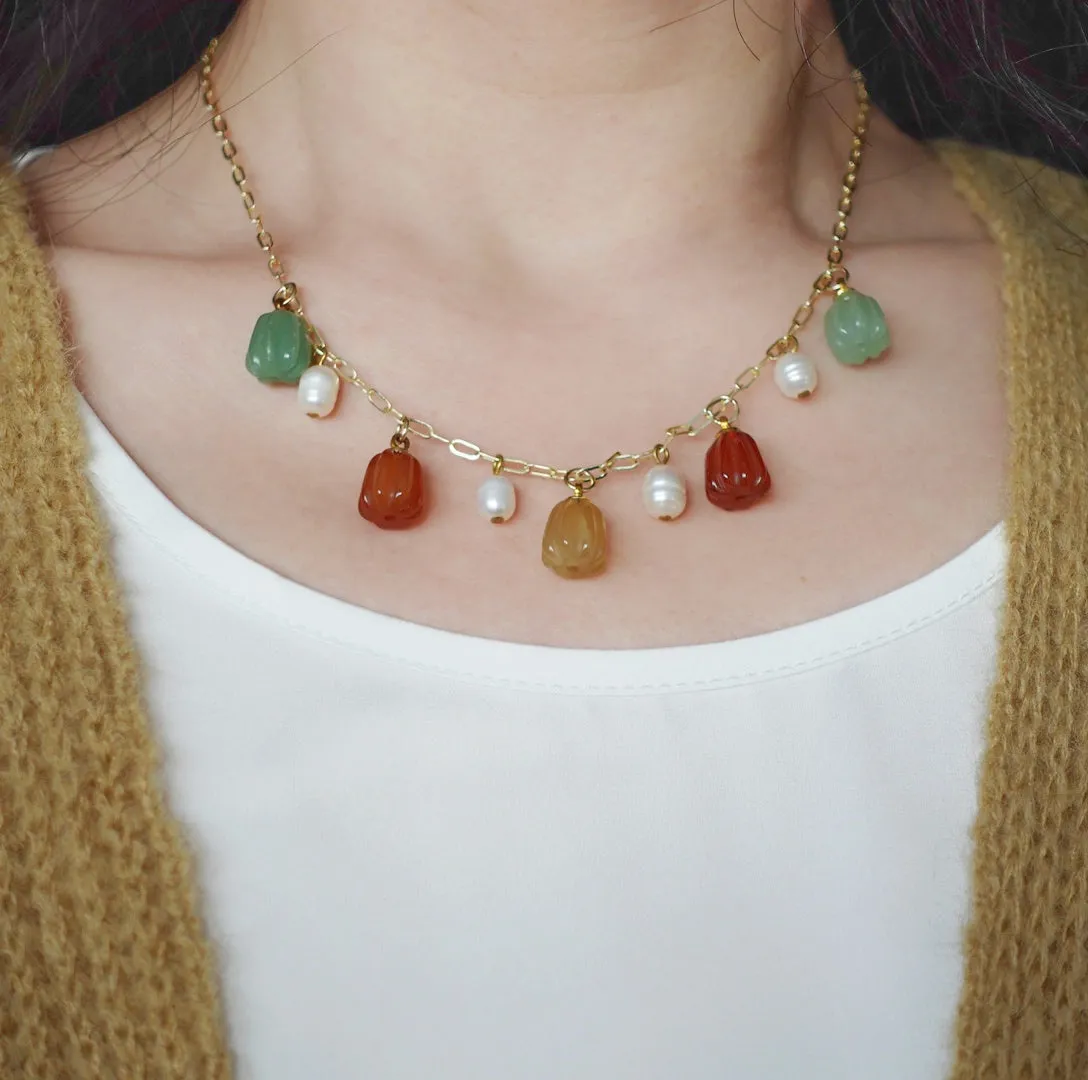 Gemstone Pumpkin Necklace - Red Green Yellow