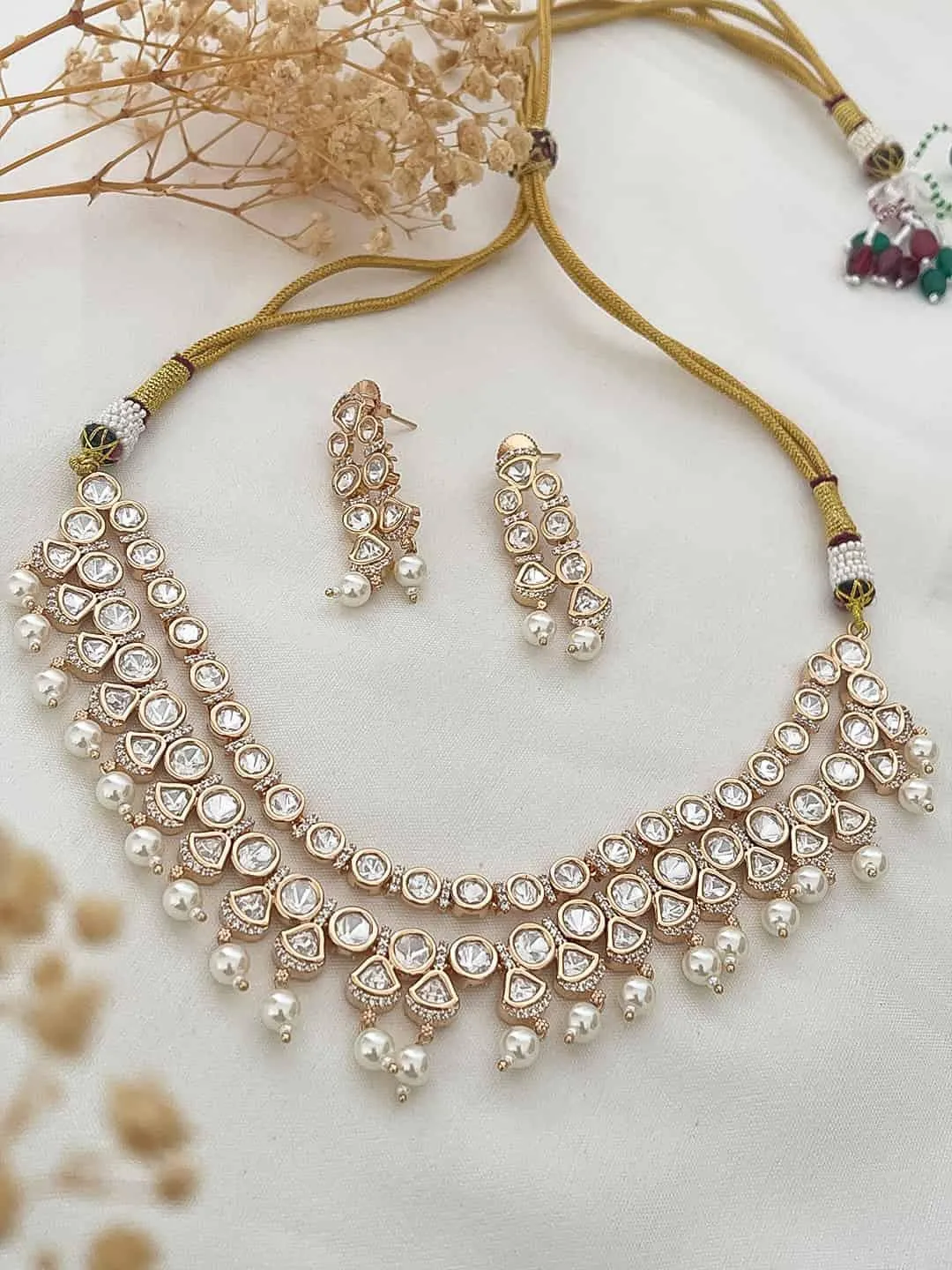 Gold Finish Kundan Polki Layered Necklace Set