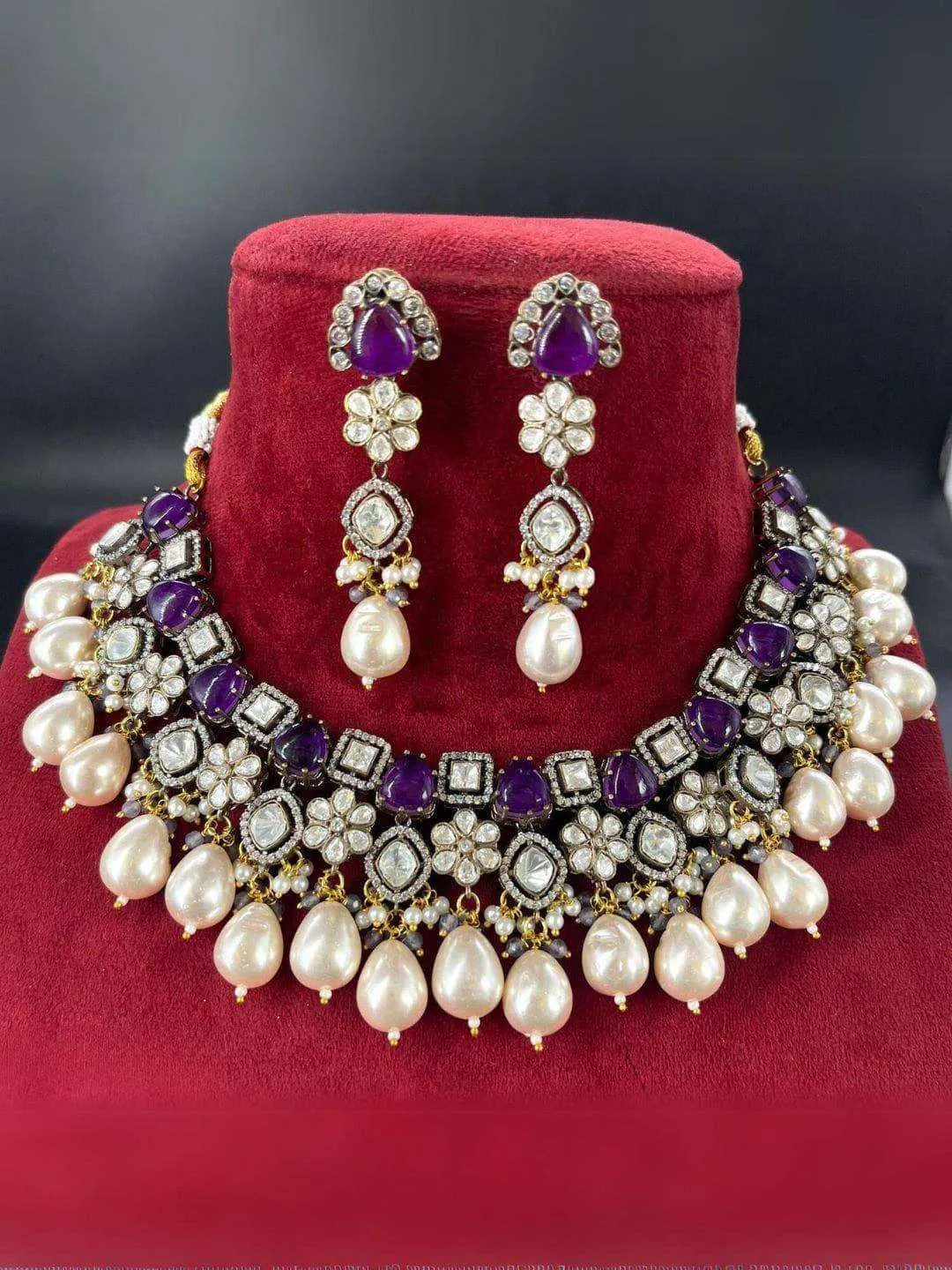 Gold Finish Multi Colored Kundan Necklace Set