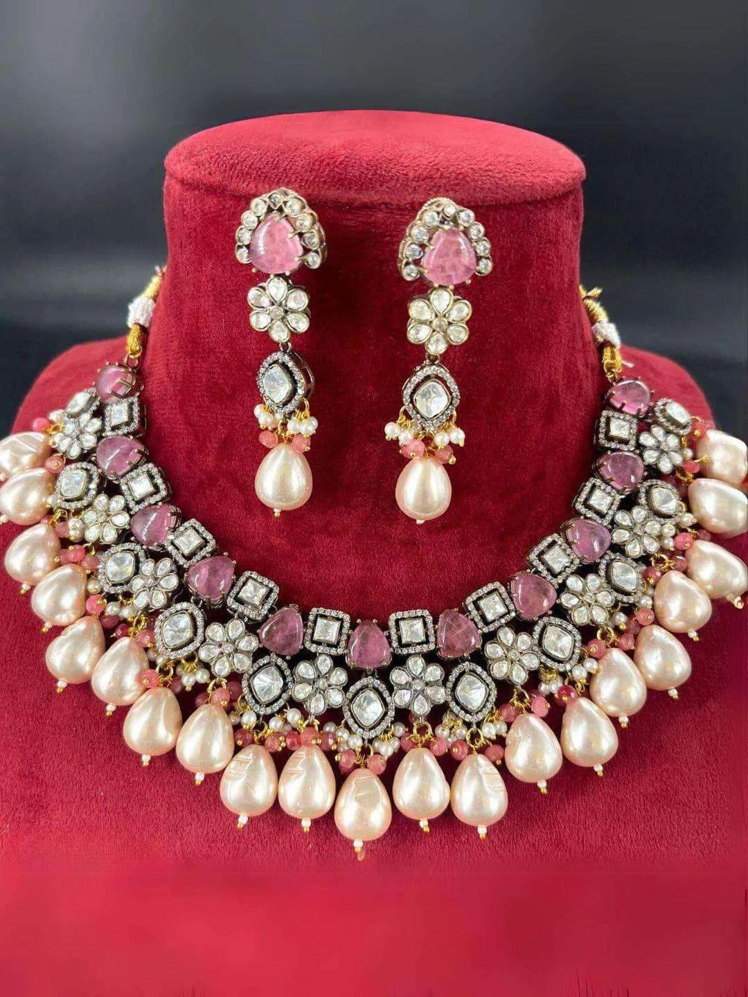 Gold Finish Multi Colored Kundan Necklace Set