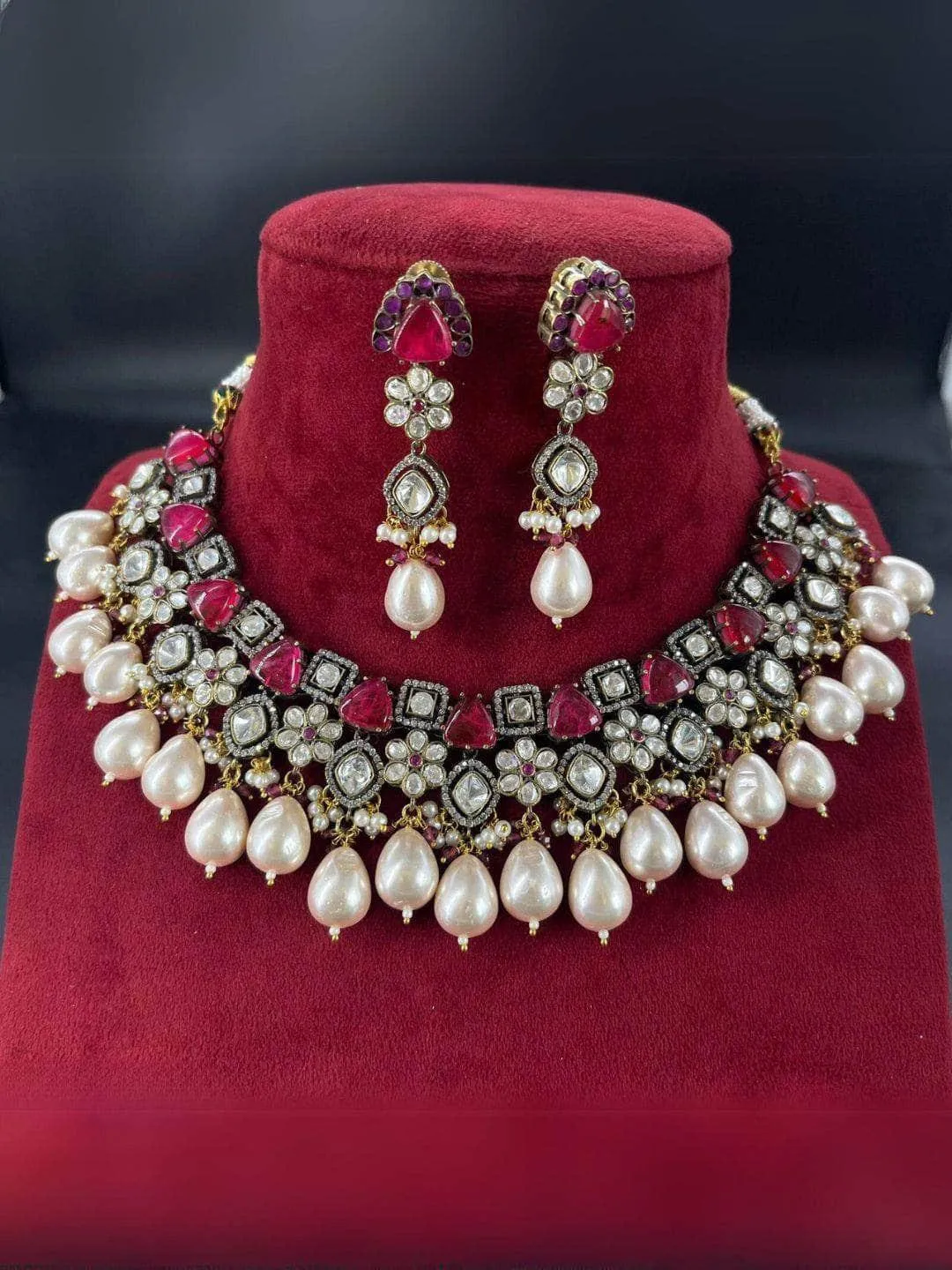 Gold Finish Multi Colored Kundan Necklace Set