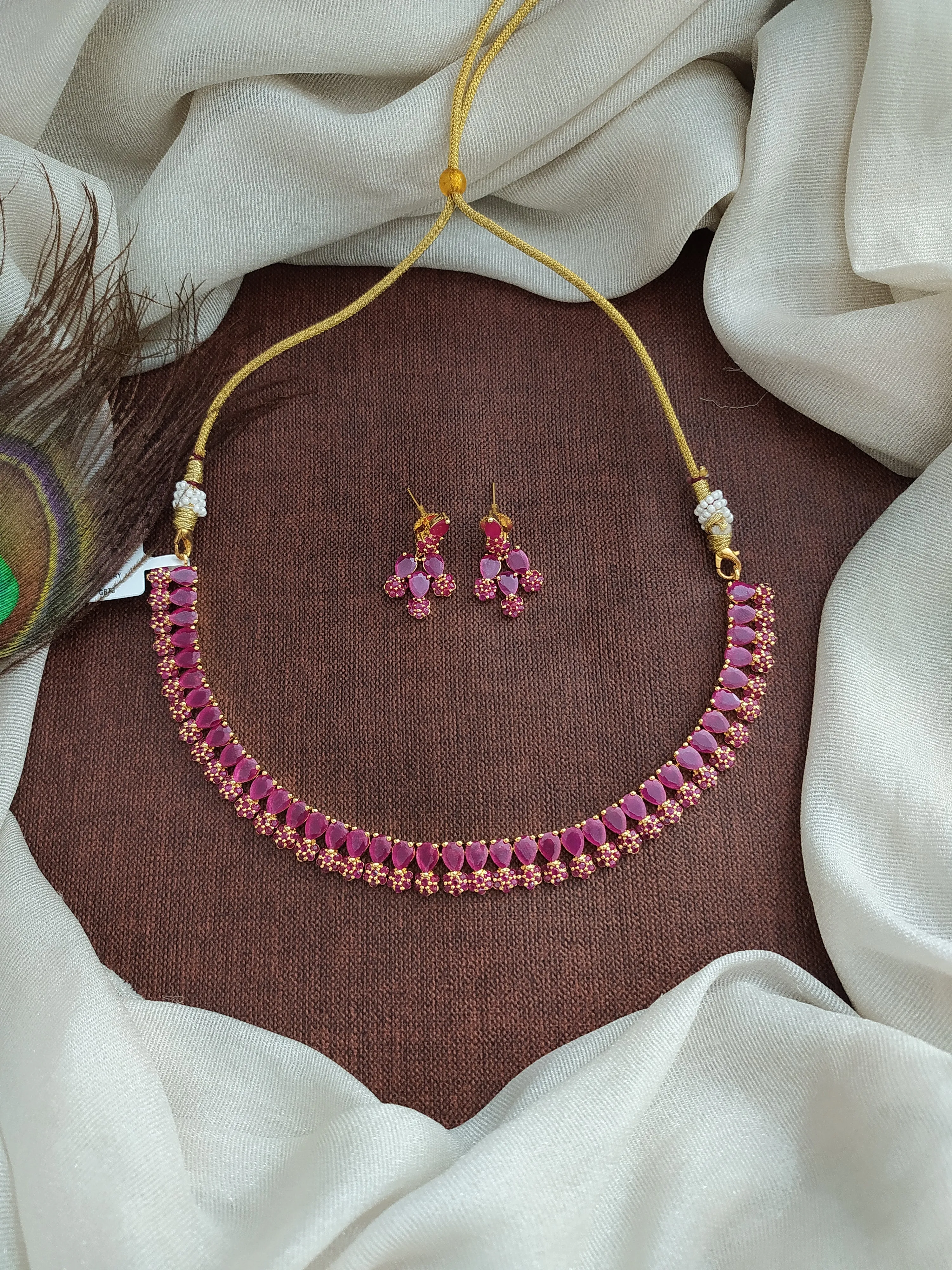 Gold-Plated Zircon Necklace Set with Cute Earrings - Available in 10 Charming Colors