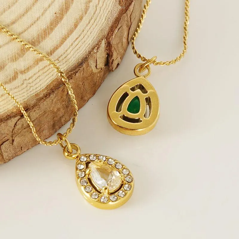 Gold Teardrop Pendant Necklace with Crystal Zircon – Elegant Stainless Steel Chain