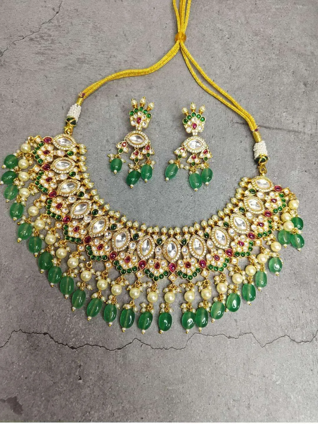 Green Kundan Necklace With Earring Set