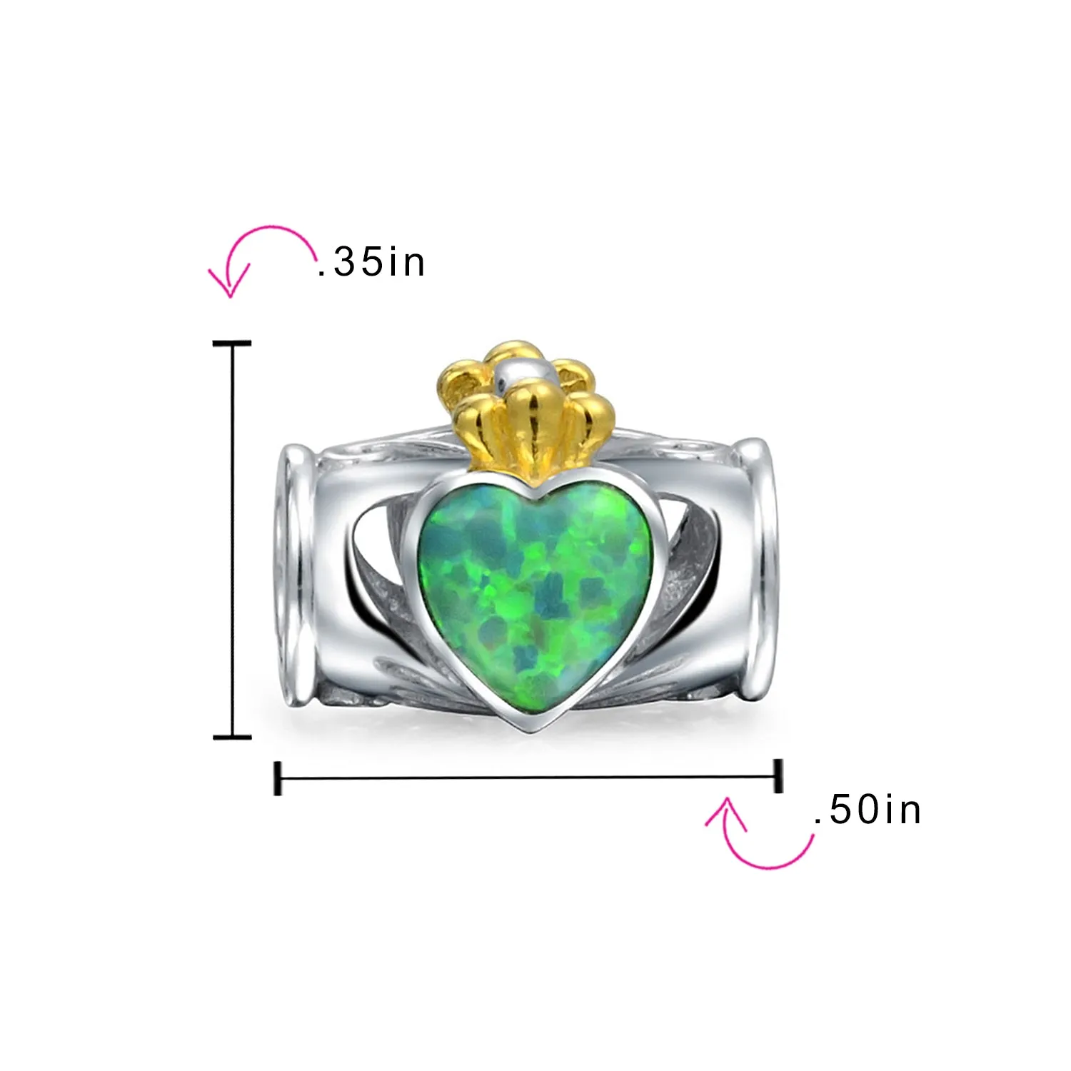 Green Opal Heart Crown Claddagh Charm Bead Two-Tone Silver for European Bracelet