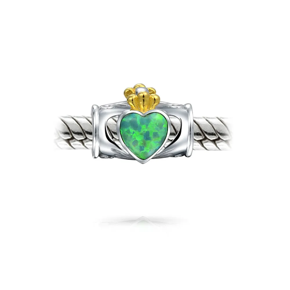 Green Opal Heart Crown Claddagh Charm Bead Two-Tone Silver for European Bracelet