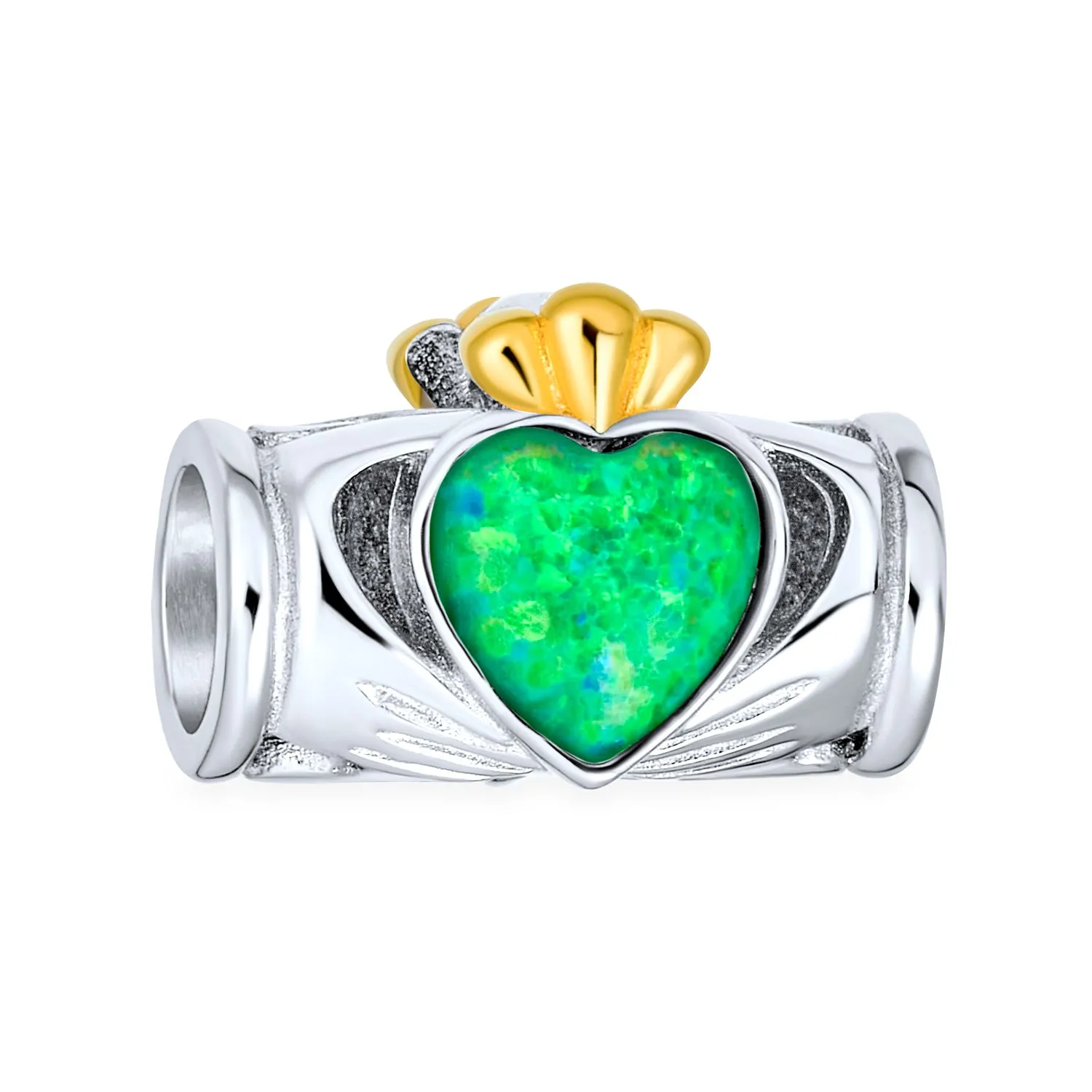 Green Opal Heart Crown Claddagh Charm Bead Two-Tone Silver for European Bracelet