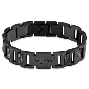 Guess Mens Jewellery Gunmetal Plated Black Cubic Zirconia 15mm Flat Chain Bracelet