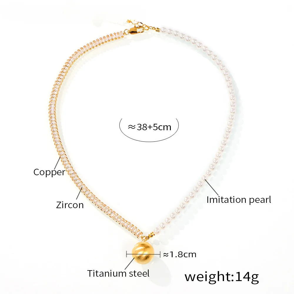 Half Diamond Half Pearl Necklace With Round Pendant