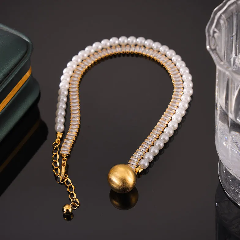 Half Diamond Half Pearl Necklace With Round Pendant