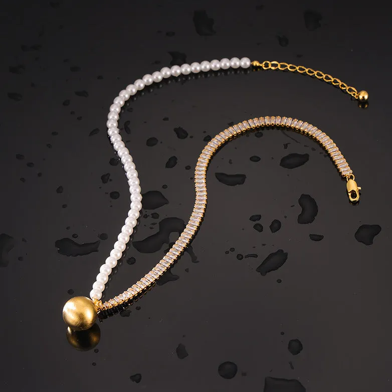 Half Diamond Half Pearl Necklace With Round Pendant