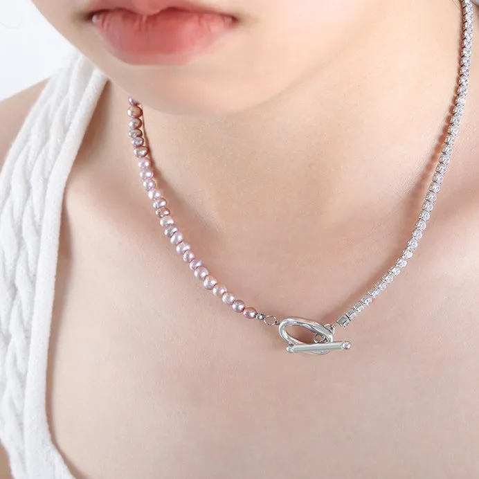 Half Light Purple Freshwater Pearl and Half Zircon Silver Chain OT Clasp Pendant Necklace