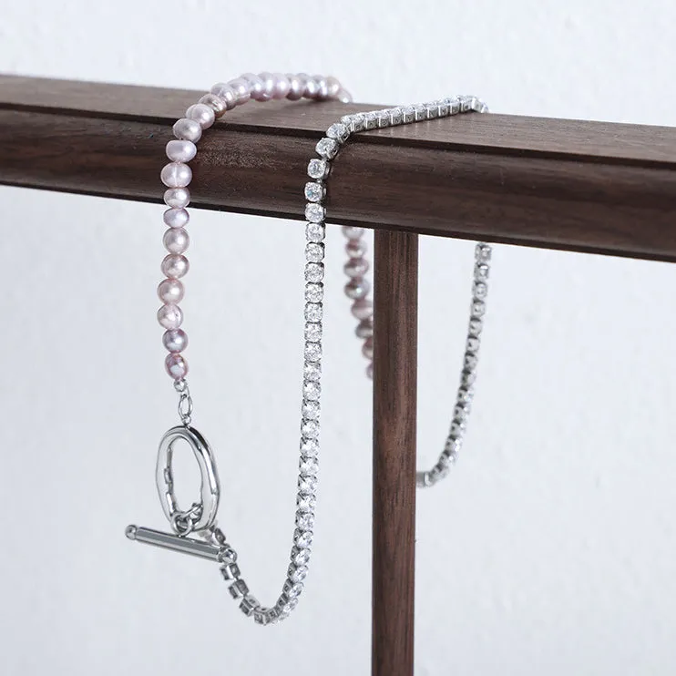 Half Light Purple Freshwater Pearl and Half Zircon Silver Chain OT Clasp Pendant Necklace