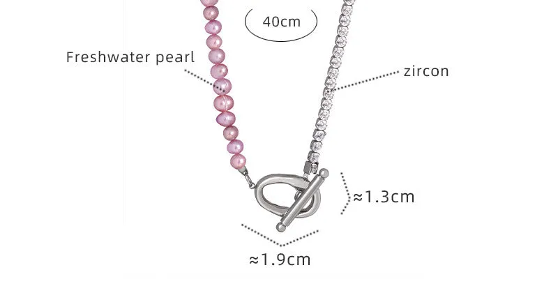 Half Light Purple Freshwater Pearl and Half Zircon Silver Chain OT Clasp Pendant Necklace