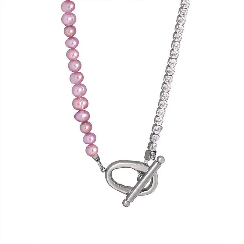 Half Light Purple Freshwater Pearl and Half Zircon Silver Chain OT Clasp Pendant Necklace