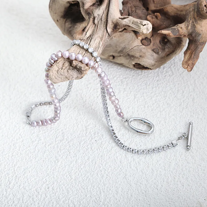 Half Light Purple Freshwater Pearl and Half Zircon Silver Chain OT Clasp Pendant Necklace