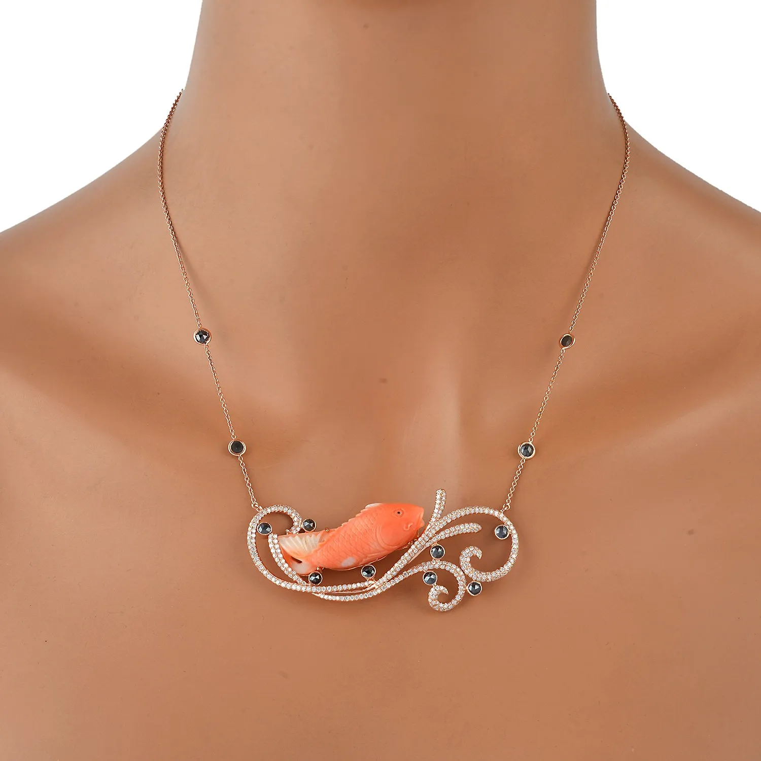 Hand Carved Coral Fish Pave Diamond Designer Choker Necklace In 18k Rose Gold