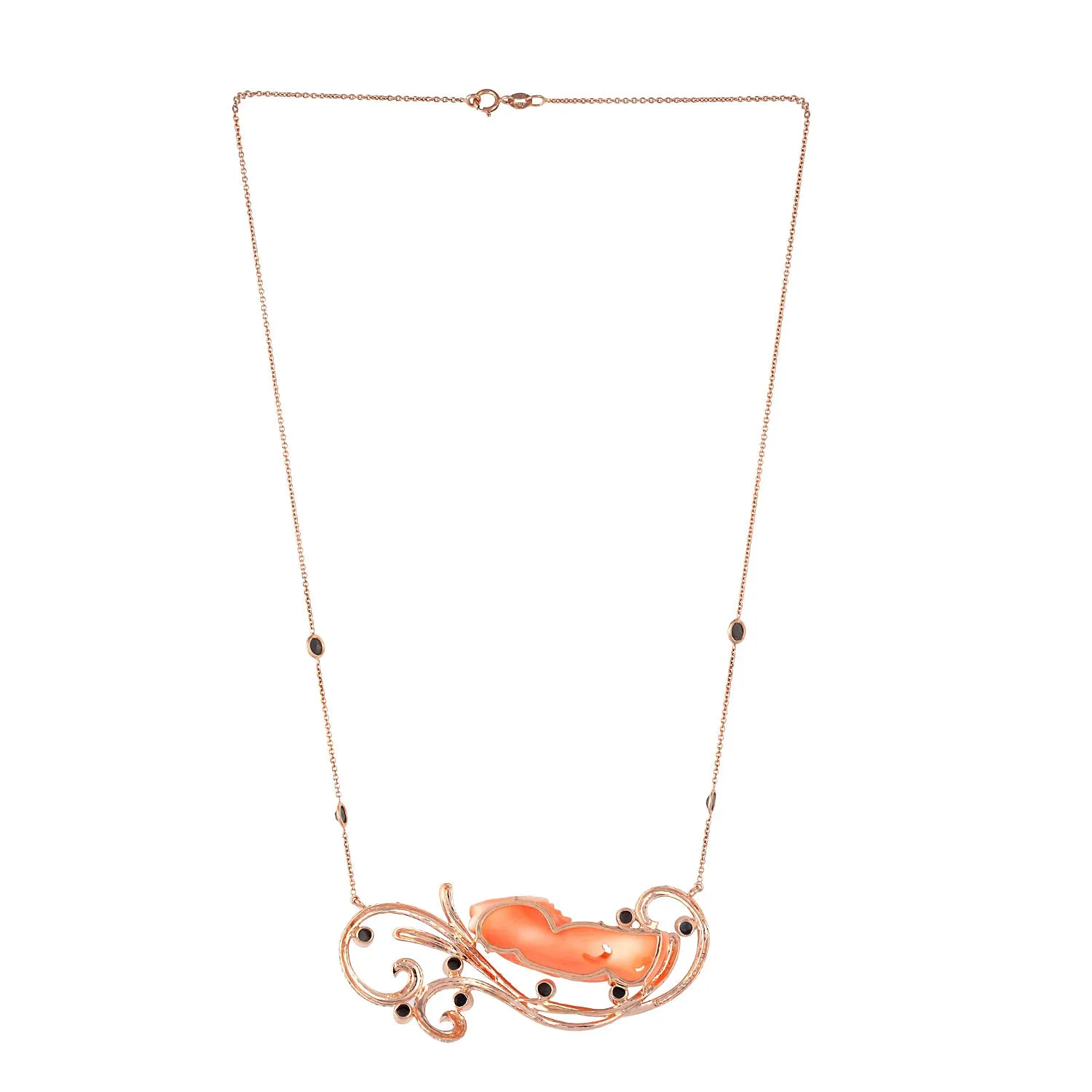 Hand Carved Coral Fish Pave Diamond Designer Choker Necklace In 18k Rose Gold