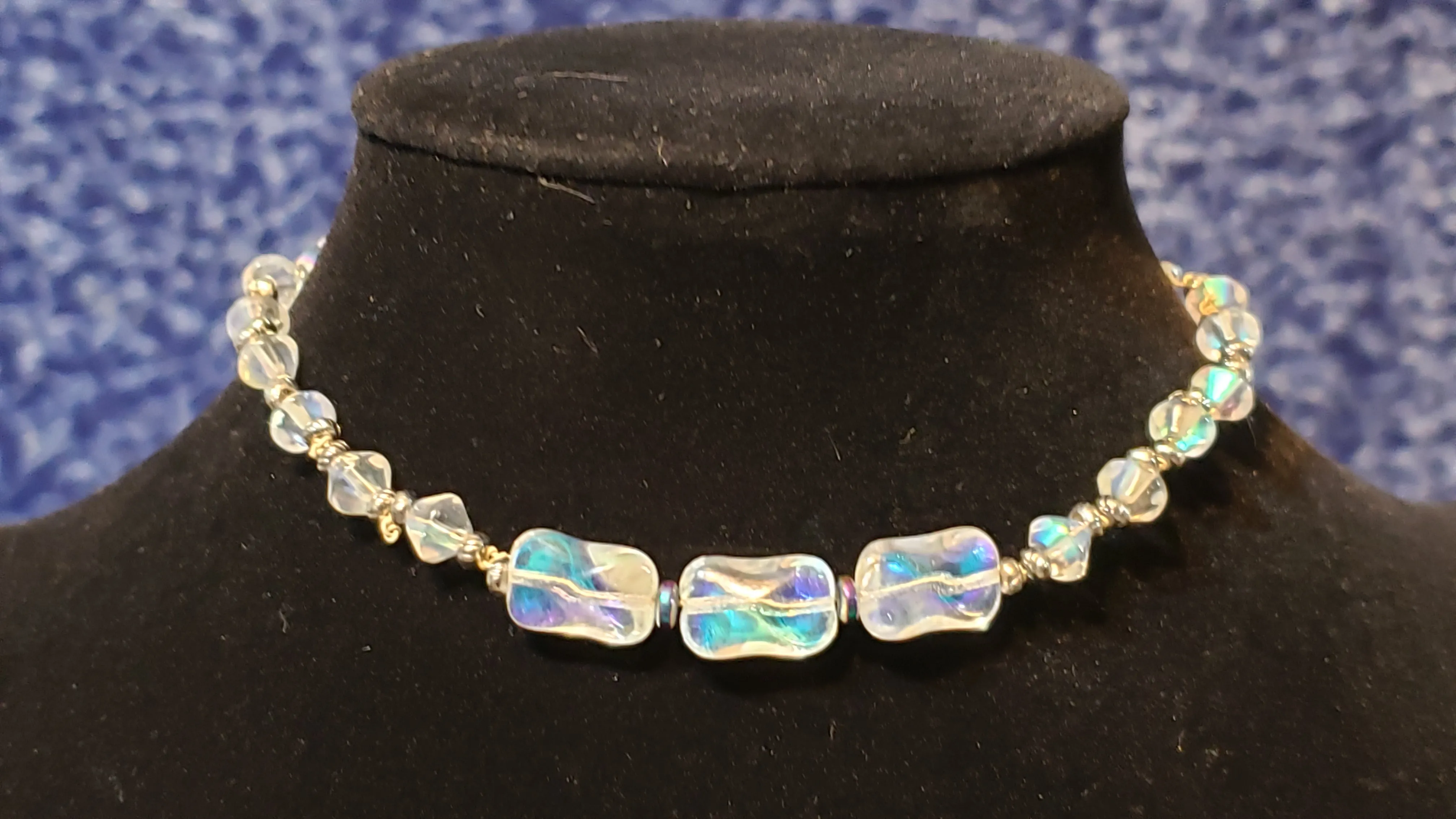 Hand Knotted, Nylon Coated Stainless Steel & Czech Glass Choker Necklace. Adjustable to 15" with Lobster Claw Clasp.