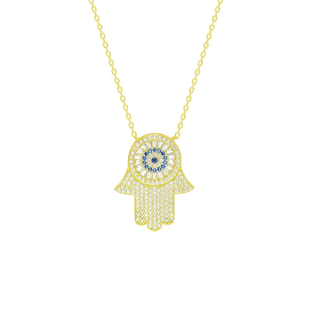 Hand Necklace  .925 Sterling Silver ZIrcon Hamsa Fatima Lucky Statement Luxury Necklaces