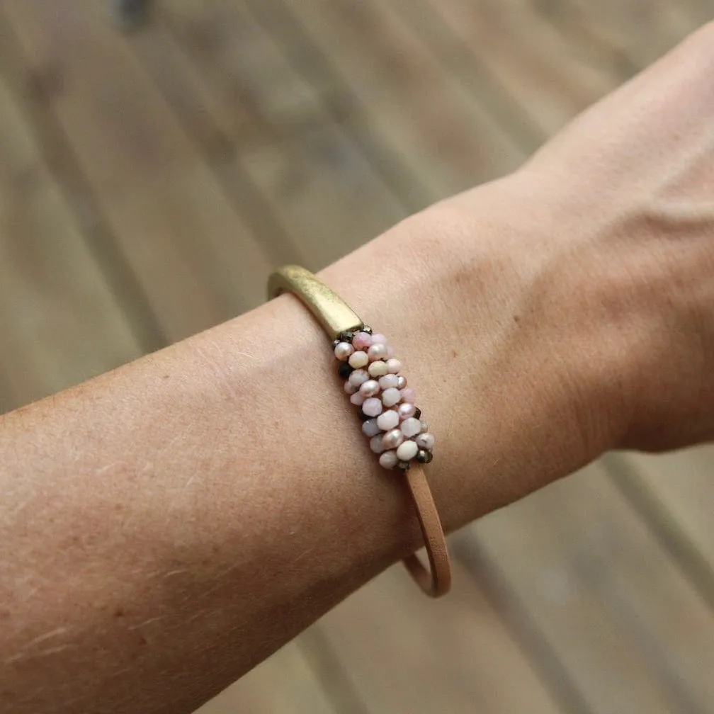 Hand Stitched Pink Pearls and Pink Opal Leather Cuff Bracelet