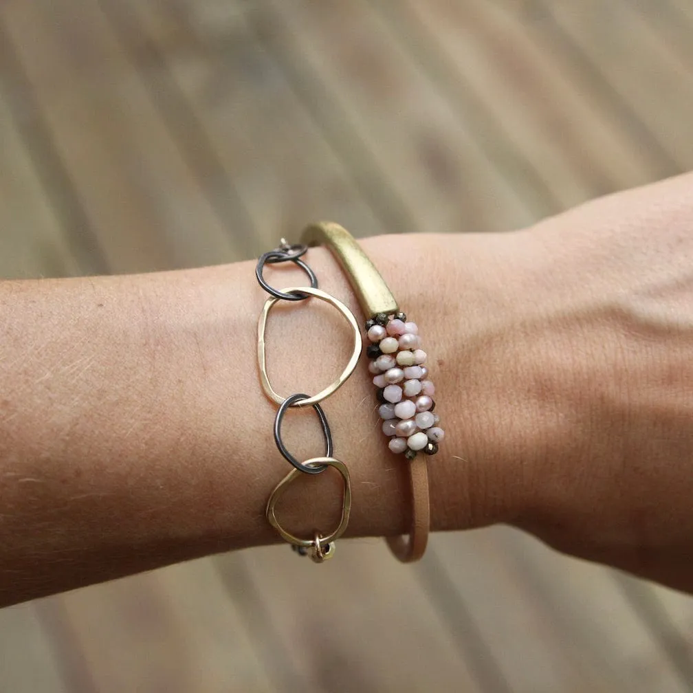 Hand Stitched Pink Pearls and Pink Opal Leather Cuff Bracelet