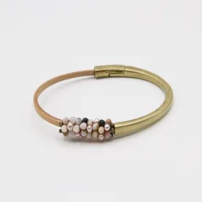 Hand Stitched Pink Pearls and Pink Opal Leather Cuff Bracelet