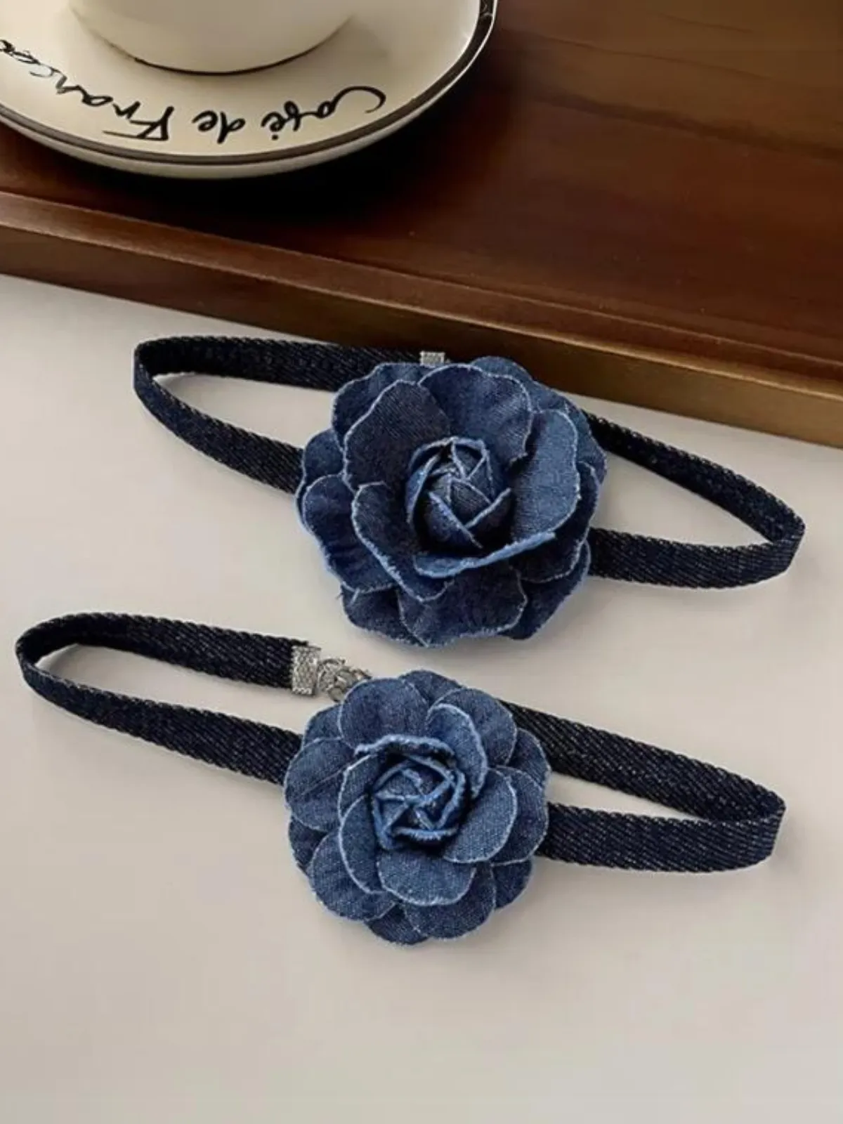 Having A Moment Denim Rose Choker Necklace