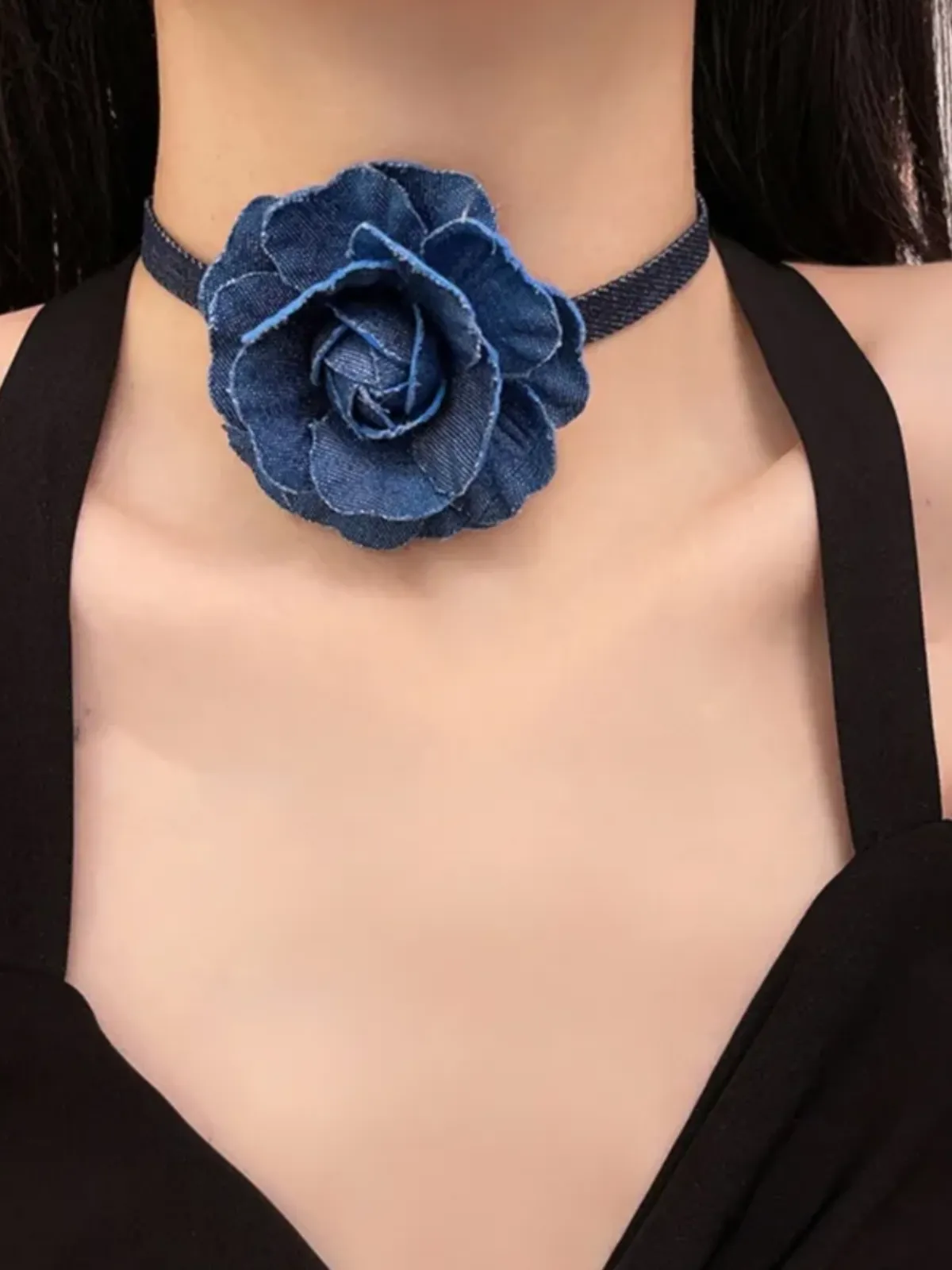 Having A Moment Denim Rose Choker Necklace