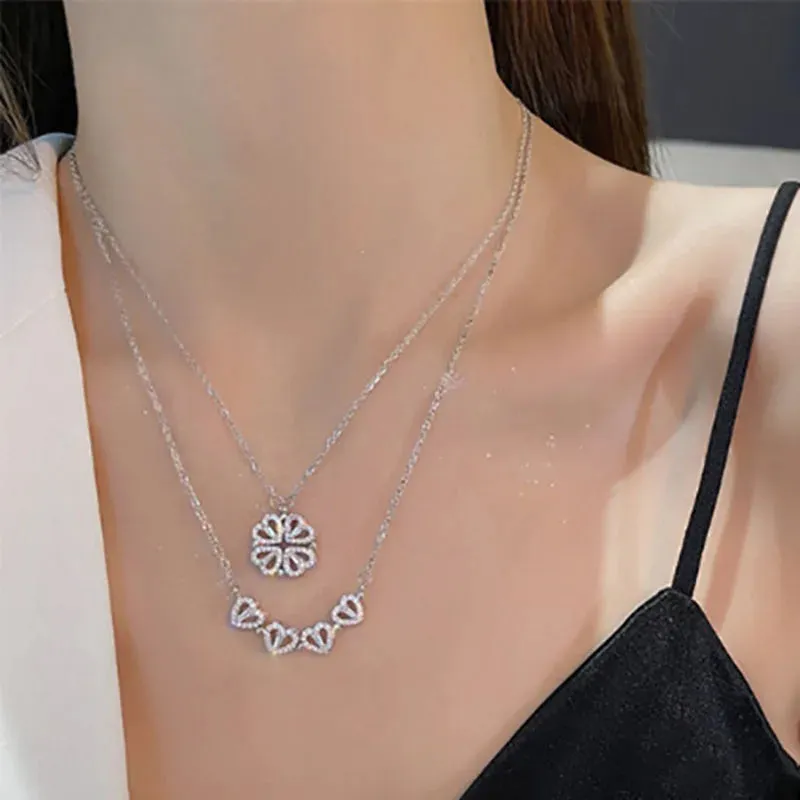 Heart Shaped Four Leaf Clover Pendant Necklace 925 Silver Jewelry Zircon Women Love Clavicle Chain Gifts Openable Choker Jewelry