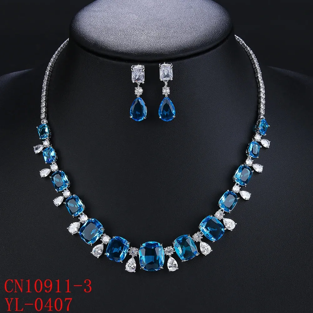 High Quality Elegant 4 Colors Cubic Zirconia Necklace Earrings Set  Bridal Wedding Jewelry Set Party Accessories CN10911