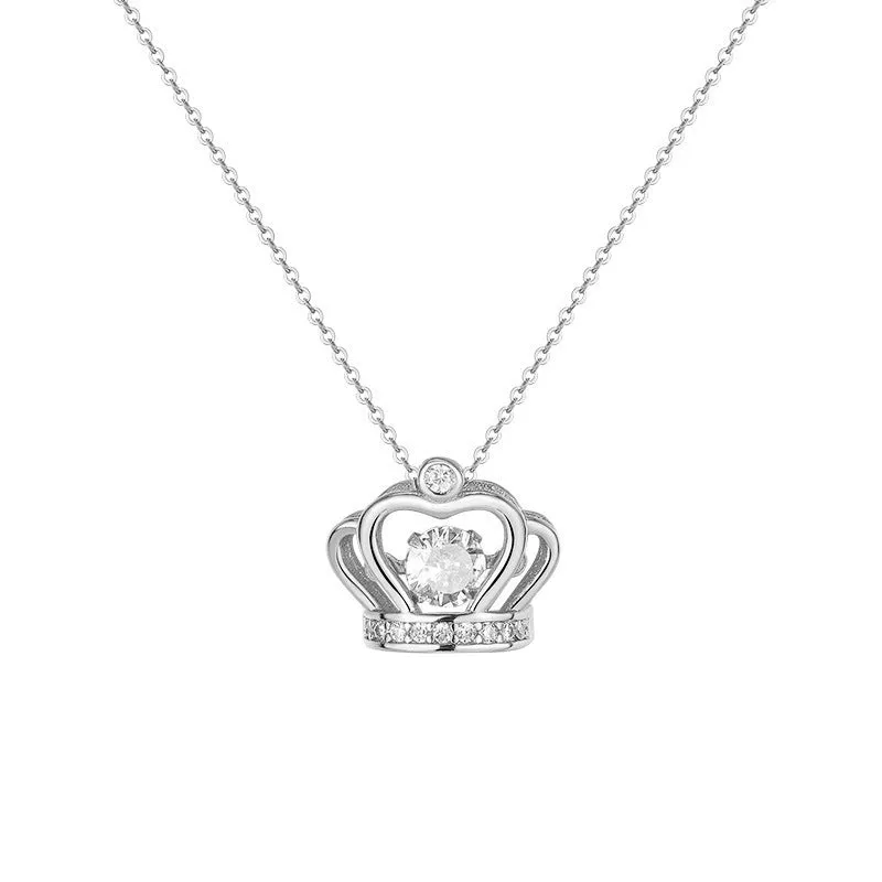 Hollow Crown with Round Zircon Pendant Silver Necklace for Women