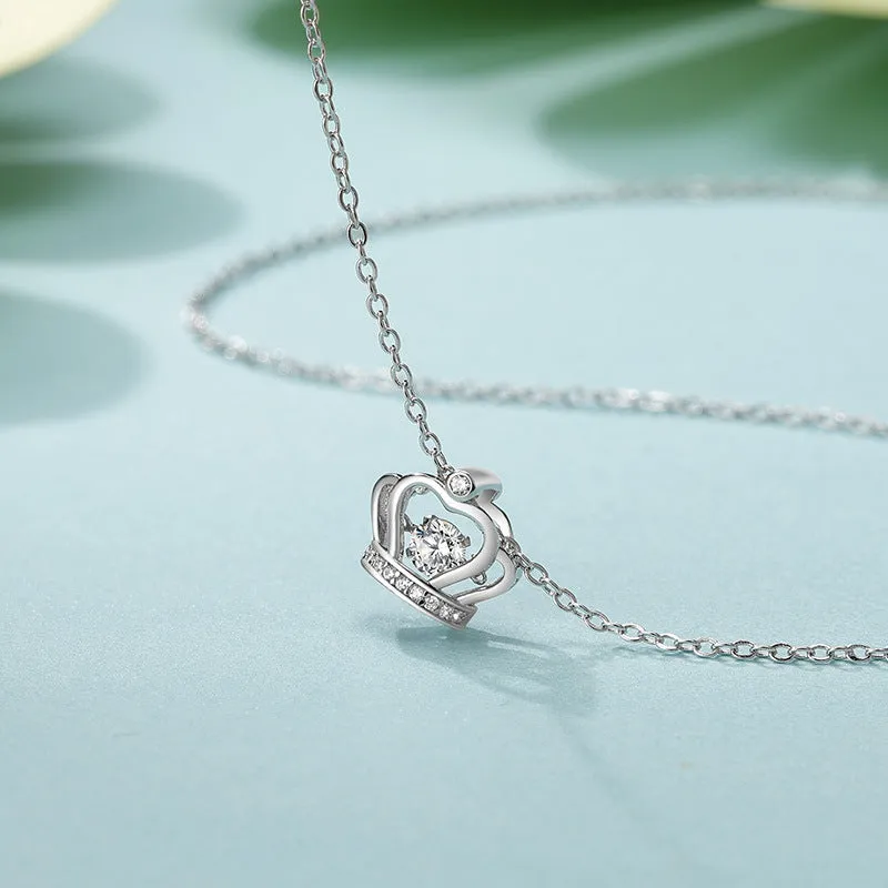 Hollow Crown with Round Zircon Pendant Silver Necklace for Women