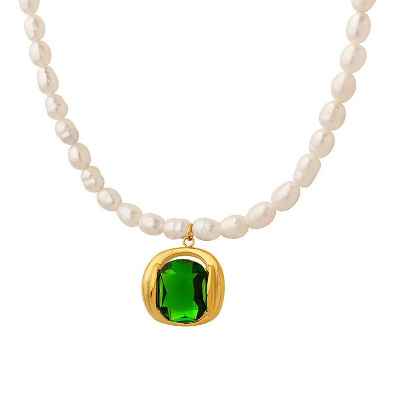 Hollow Enhancer Zircon Emerald  Pendant Freshwater Pearl Necklace