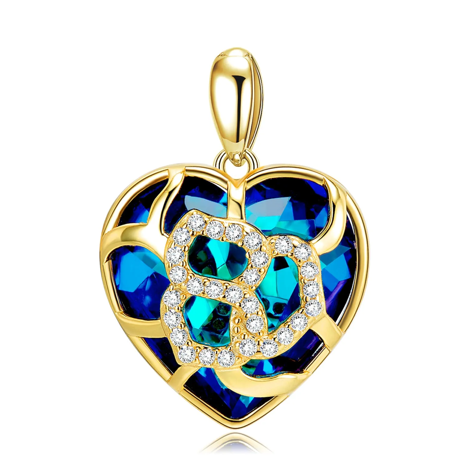 Hollow Pattern Heart Shape Pendant Blue Zircon Silver Necklace