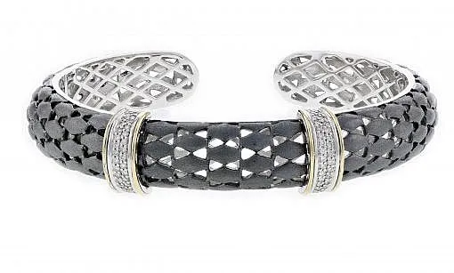 Italian sterling silver bangle bracelet with 0.32ct. diamonds, 14K solid yellow gold accents and a black matte finish