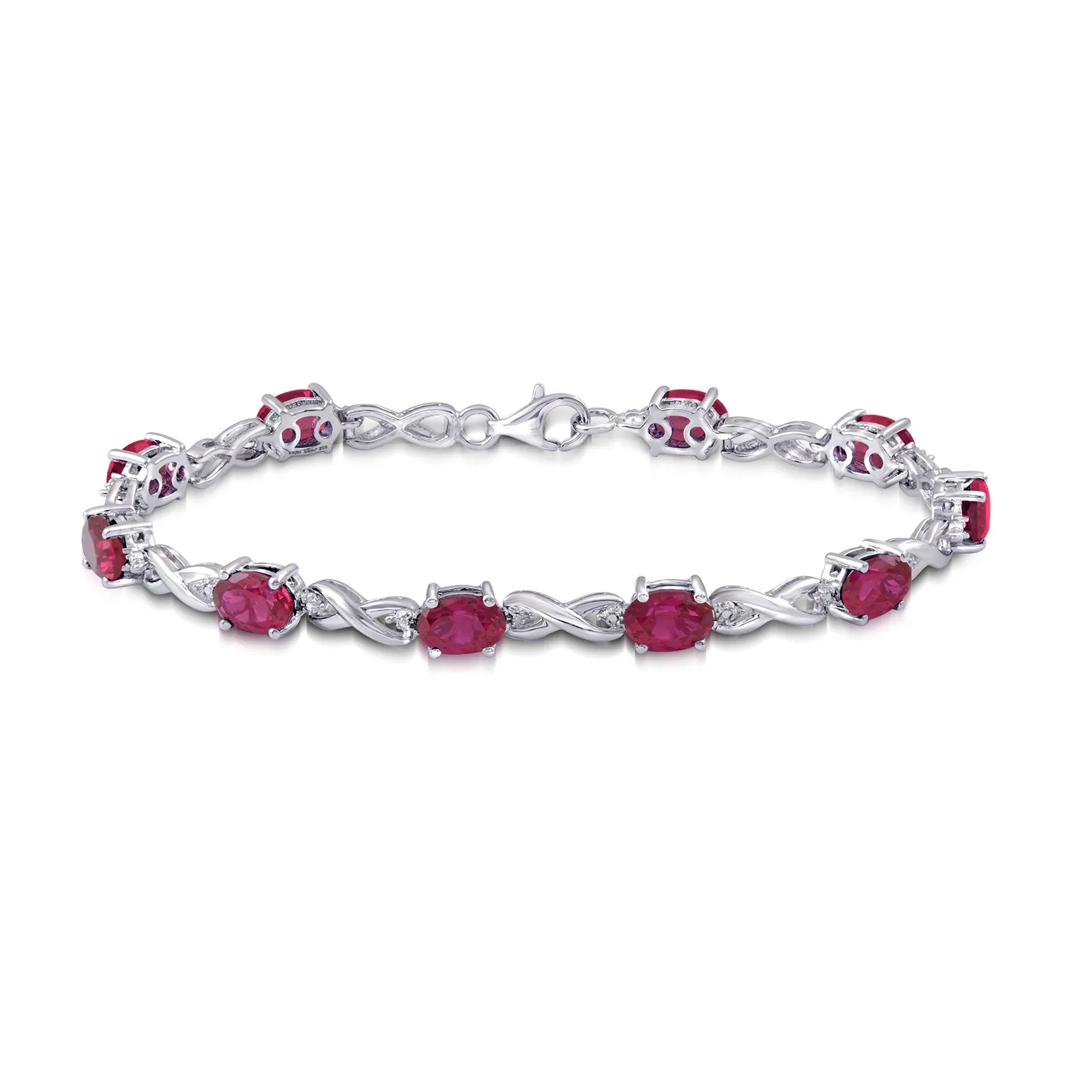 Jewelili Sterling Silver With Created Ruby and White Diamonds Bracelet, 7.25"