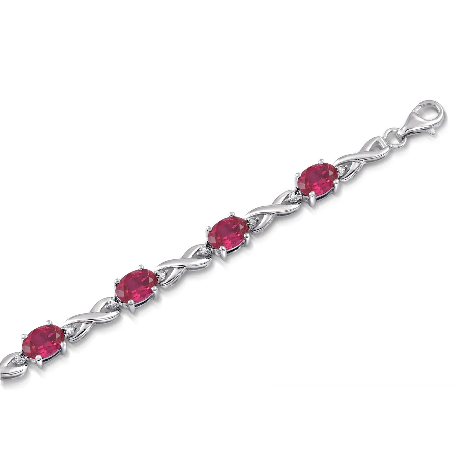 Jewelili Sterling Silver With Created Ruby and White Diamonds Bracelet, 7.25"