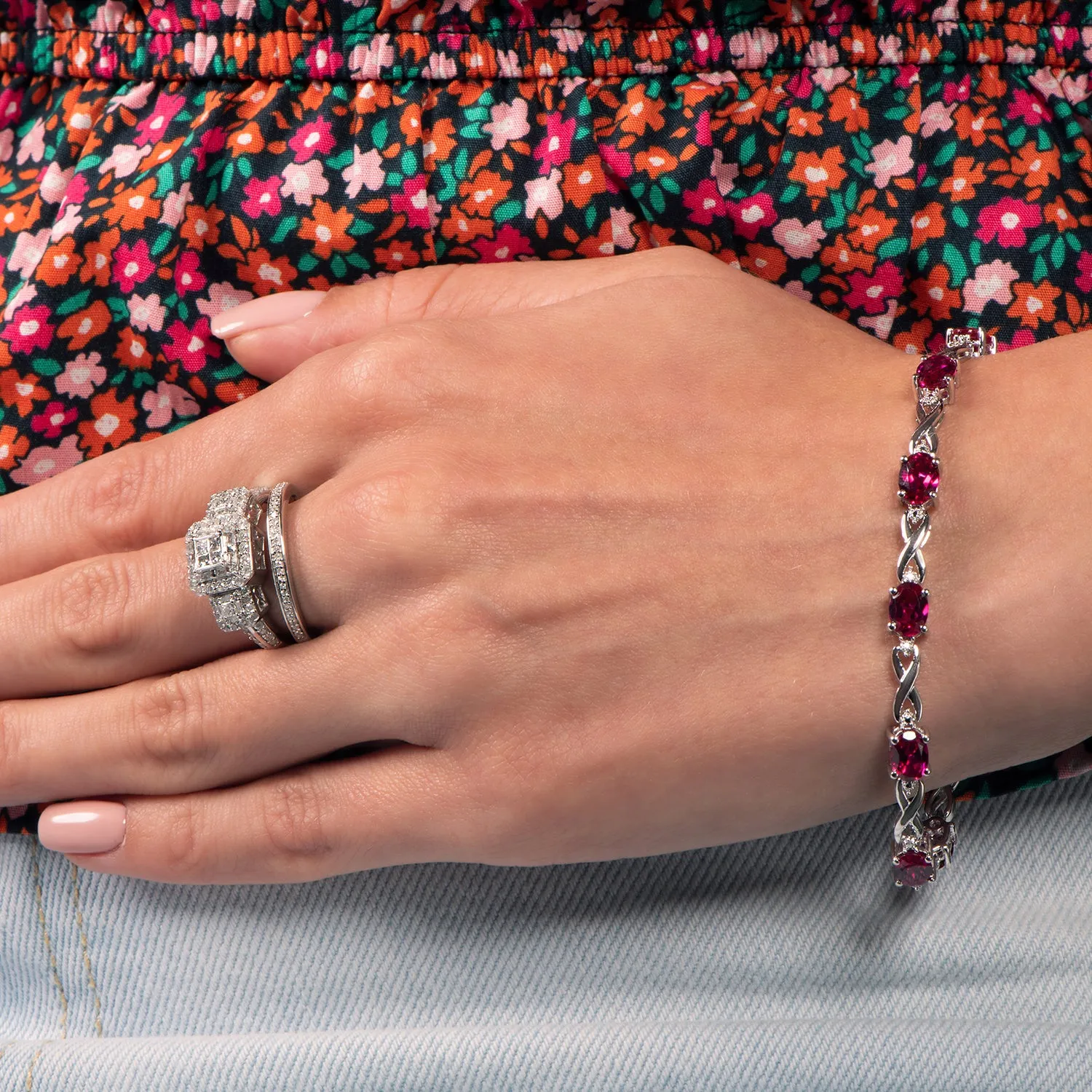 Jewelili Sterling Silver With Created Ruby and White Diamonds Bracelet, 7.25"