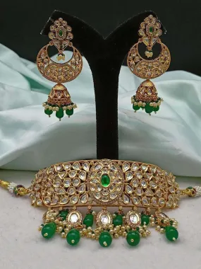 Kundan And Beads Enamelling Choker Necklace And Earring