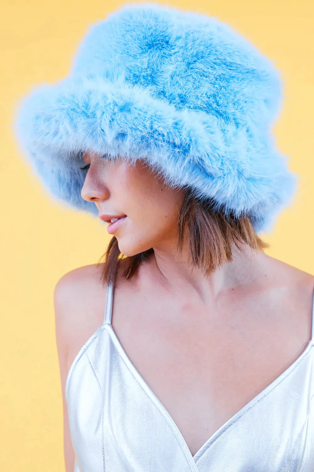 Ladies Light Blue Eco Bamboo Faux Fur Bucket Hat