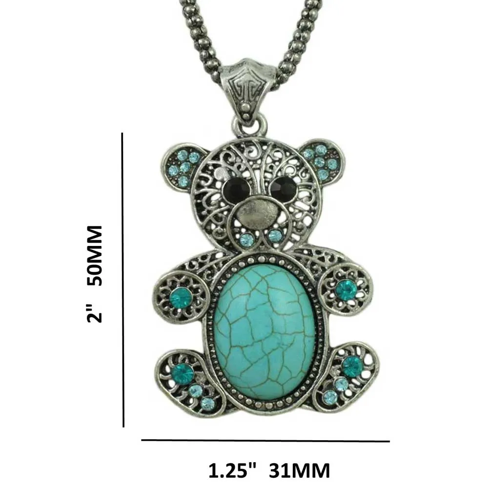 Large Turquoise Teddy Bear Pendant on Silver-tone Chain - PT509