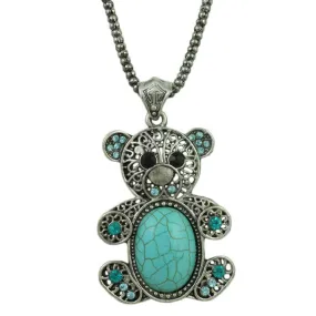 Large Turquoise Teddy Bear Pendant on Silver-tone Chain - PT509