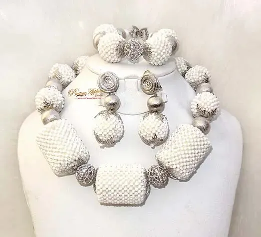 Latest Design White Bridal Wedding Beads embelished with Silver Balls Bridal Party African Nigerian Jewellery Set