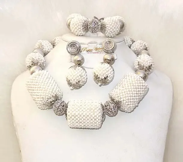 Latest Design White Bridal Wedding Beads embelished with Silver Balls Bridal Party African Nigerian Jewellery Set