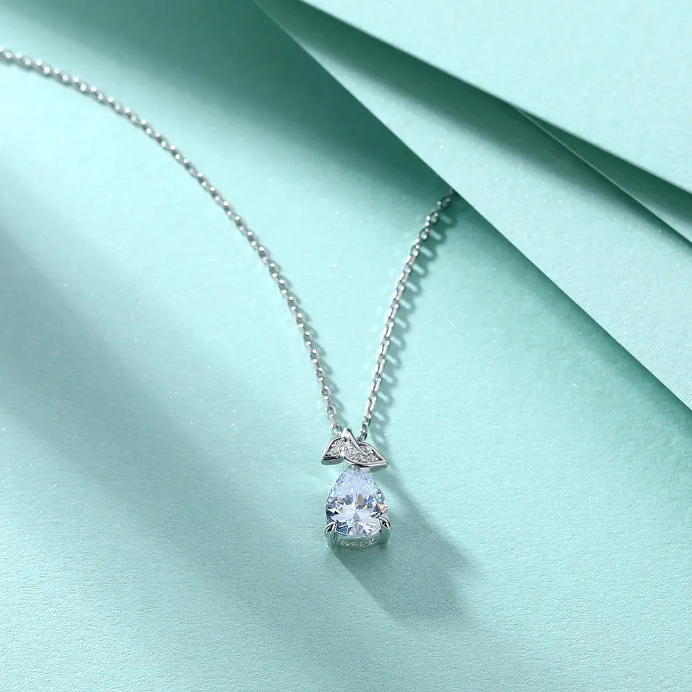 Leaf  Pear Drop Zircon Pendant Silver Necklace for Women